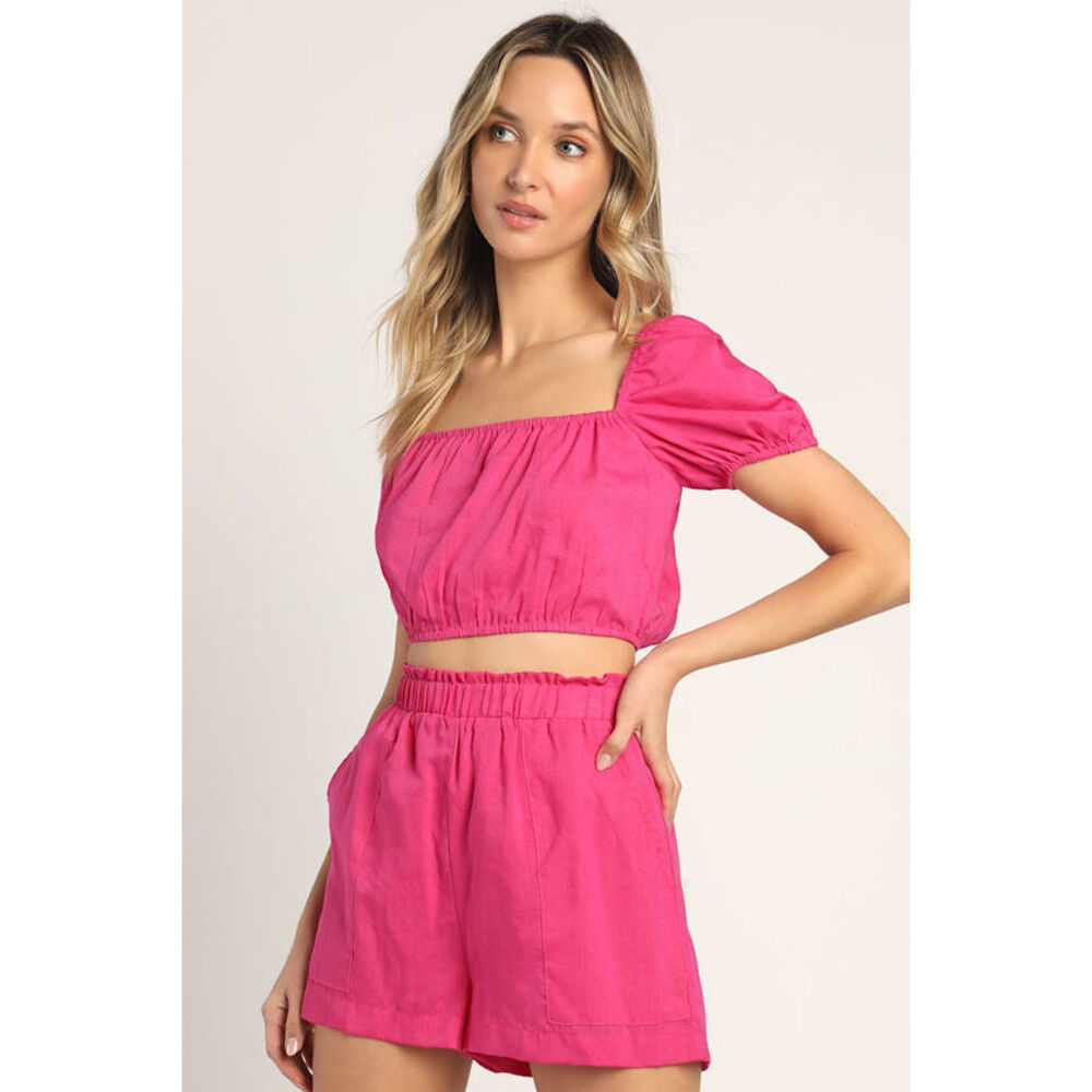 Lulus Double The Sun Hot Pink Puff Sleeve Two-piece Romper - Size XS